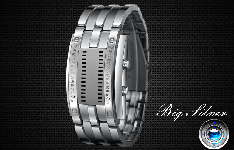 Man Binary LED Watch Metal Strap 30m Waterproof Electronic Wristwatch
